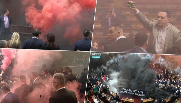 TUČA U SKUPŠTINI SRBIJE BAČENA DIMNA BOMBA, BAKLJE, GRAĐANI GAĐALI ZGRADU JAJIMA