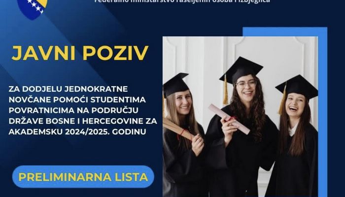 Odluka o utvrđivanju liste korisnika za dodjelu jednokratne novčane pomoći studentima povratnicima na području države Bosne i Hercegovine za akademsku 2024/2025 godinu