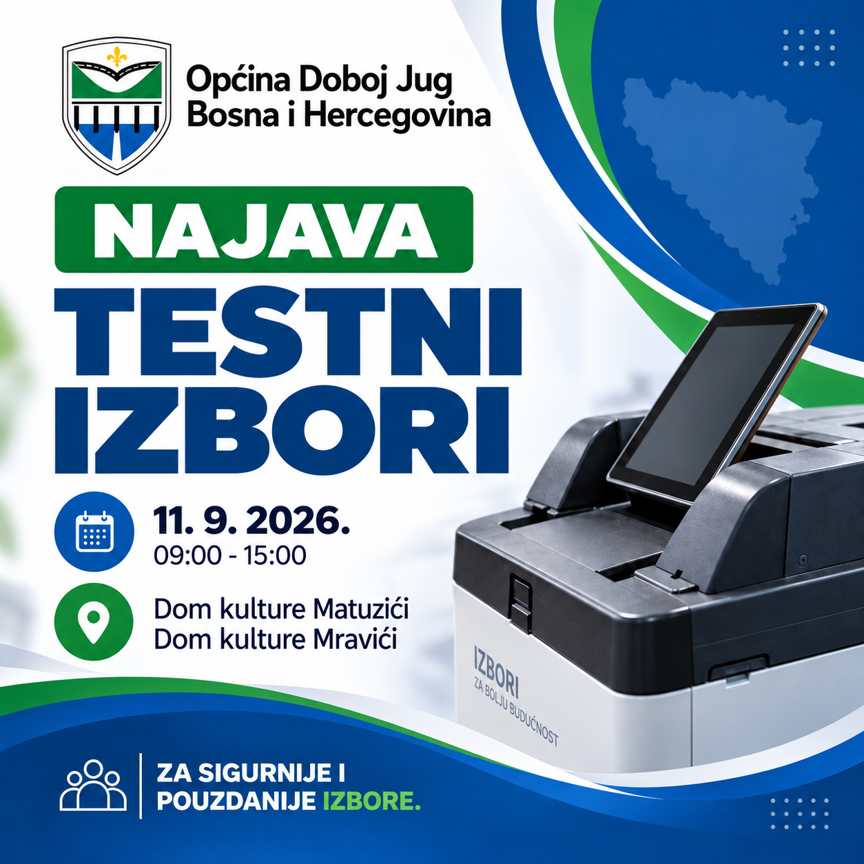 Najava testnih izbora u Općini Doboj Jug – 11. septembar 2026.